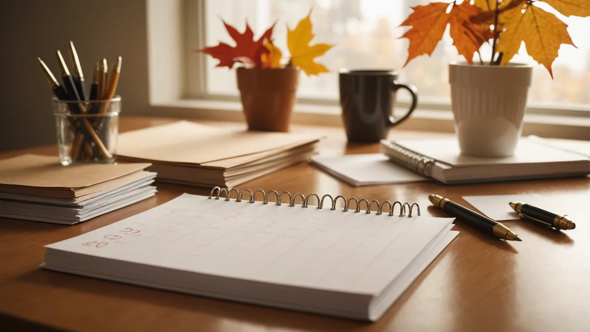 HR professional reviewing open enrollment materials at a desk with a calendar in view